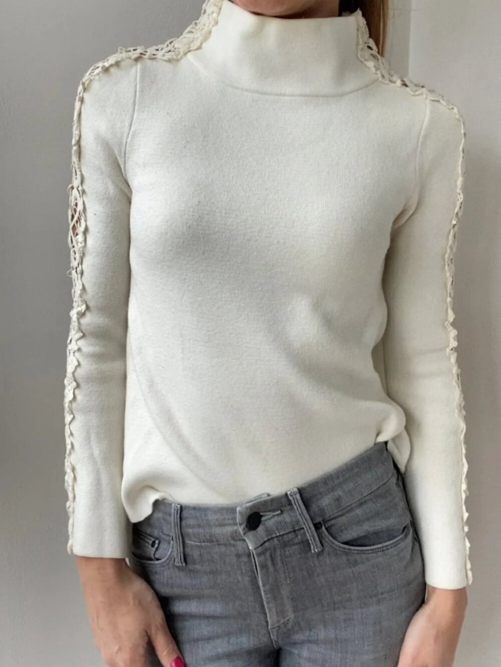 Anthropologie Knitted Cream Sweater- Crochet sleeve detail-Bell Sleeve Size XXS